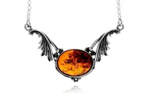 925 Sterling Silver & Genuine Baltic Amber Classic Necklace on Rolo Chain - GL916