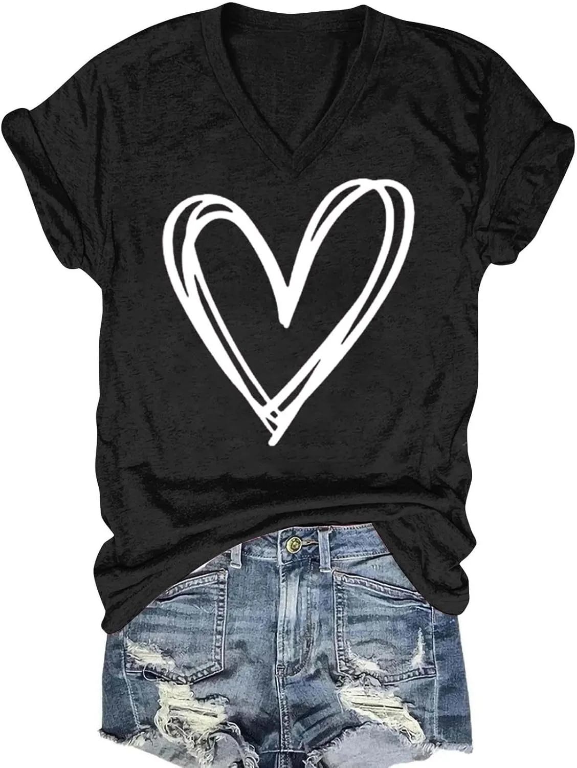 Abstract Heart Sketch V Neck Short Sleeve T Shirt for Women Casual Love Graphic Tee Valentines Shirts for Women