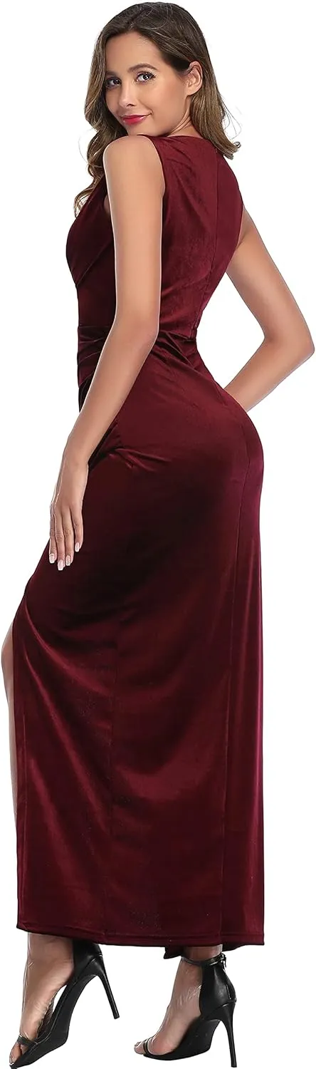 Babalet Women's Elegant Velvet Formal Dress Bodycon Evening Prom Sleeveless Ruched Dress