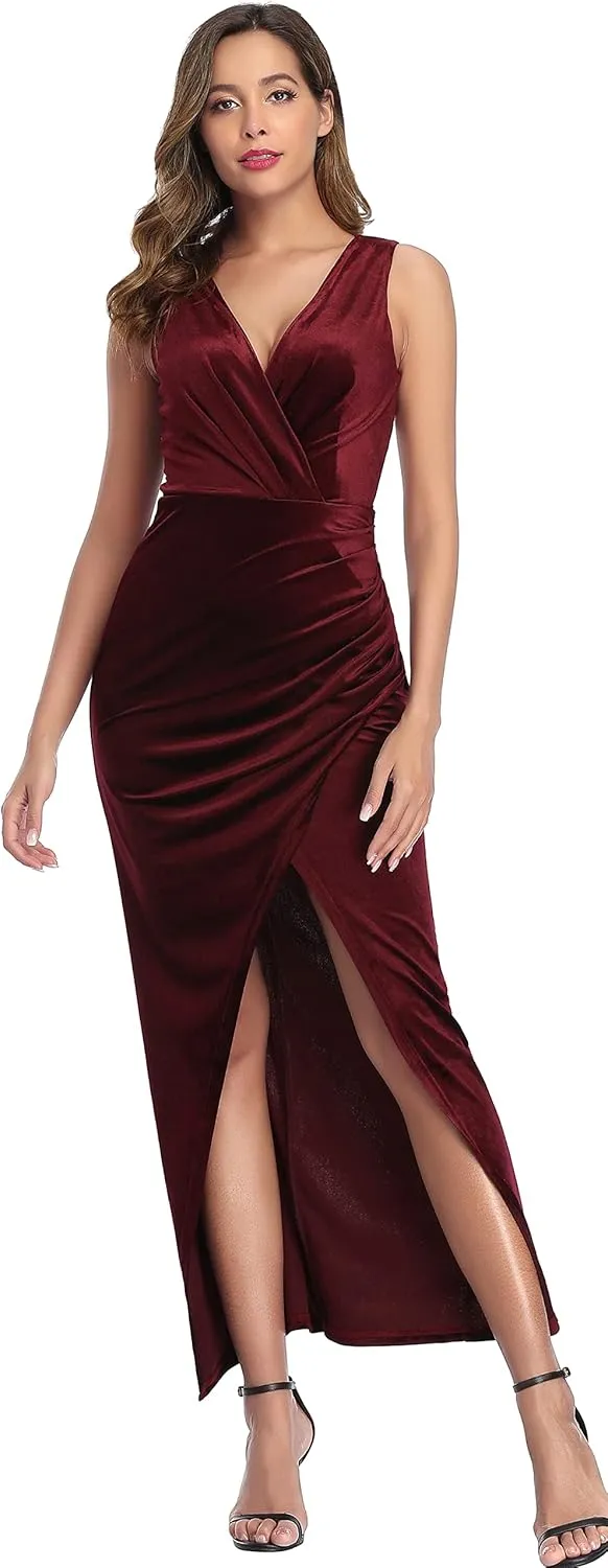 Babalet Women's Elegant Velvet Formal Dress Bodycon Evening Prom Sleeveless Ruched Dress