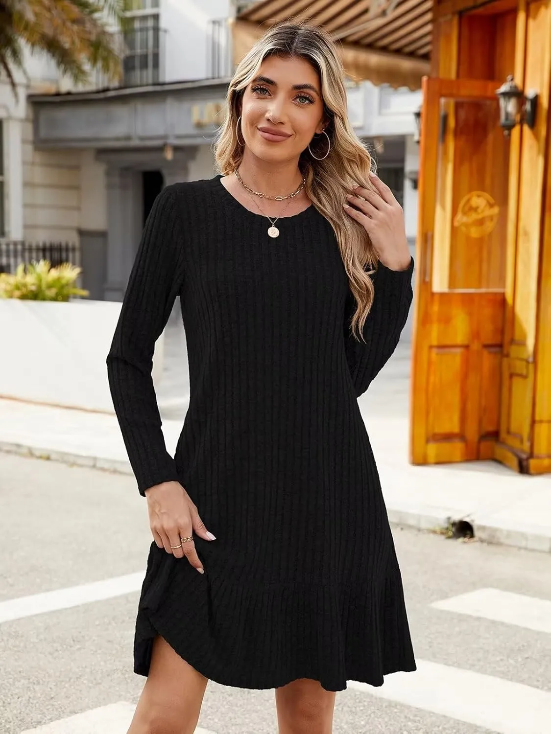 BELAROI Plus Size Sweater Dress Crew Neck Long Sleeve Casual Fall Winter Loose Tunic Dress Pockets Ruffle Hem
