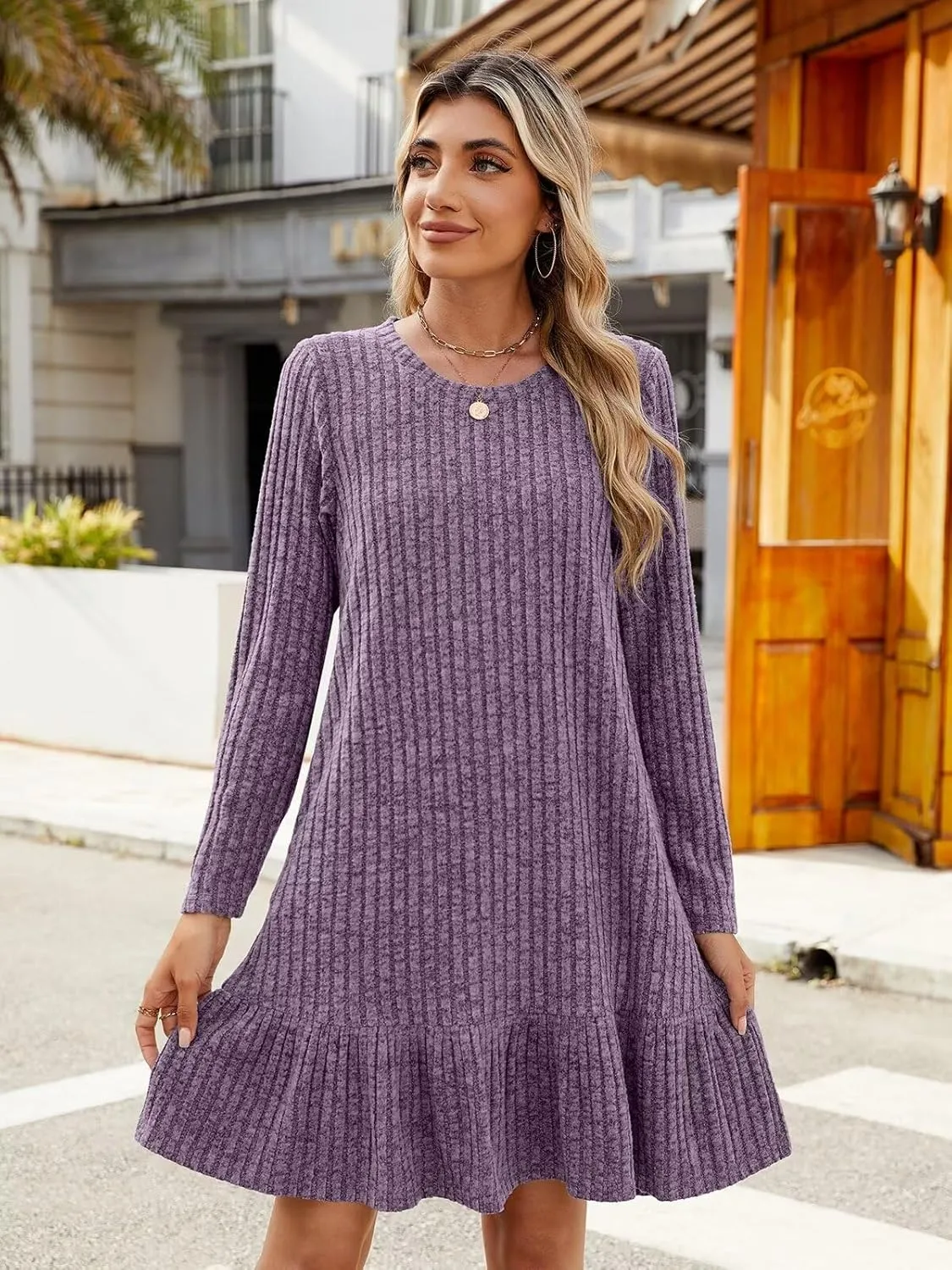 BELAROI Plus Size Sweater Dress Crew Neck Long Sleeve Casual Fall Winter Loose Tunic Dress Pockets Ruffle Hem