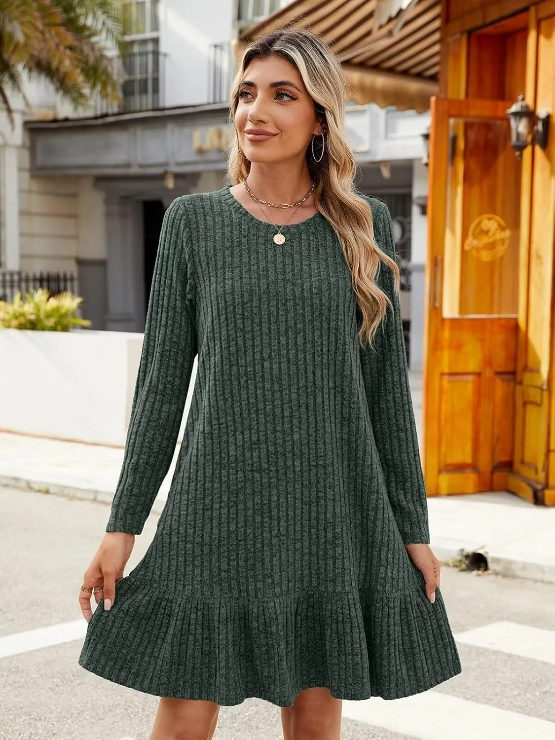 BELAROI Plus Size Sweater Dress Crew Neck Long Sleeve Casual Fall Winter Loose Tunic Dress Pockets Ruffle Hem