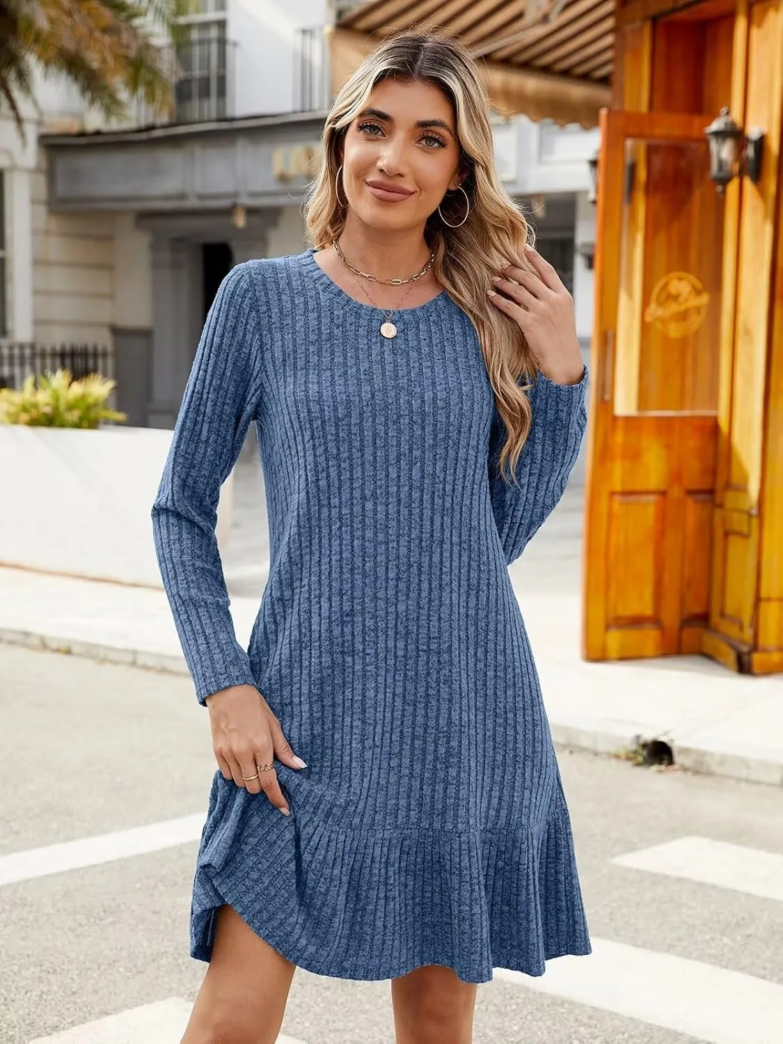 BELAROI Plus Size Sweater Dress Crew Neck Long Sleeve Casual Fall Winter Loose Tunic Dress Pockets Ruffle Hem
