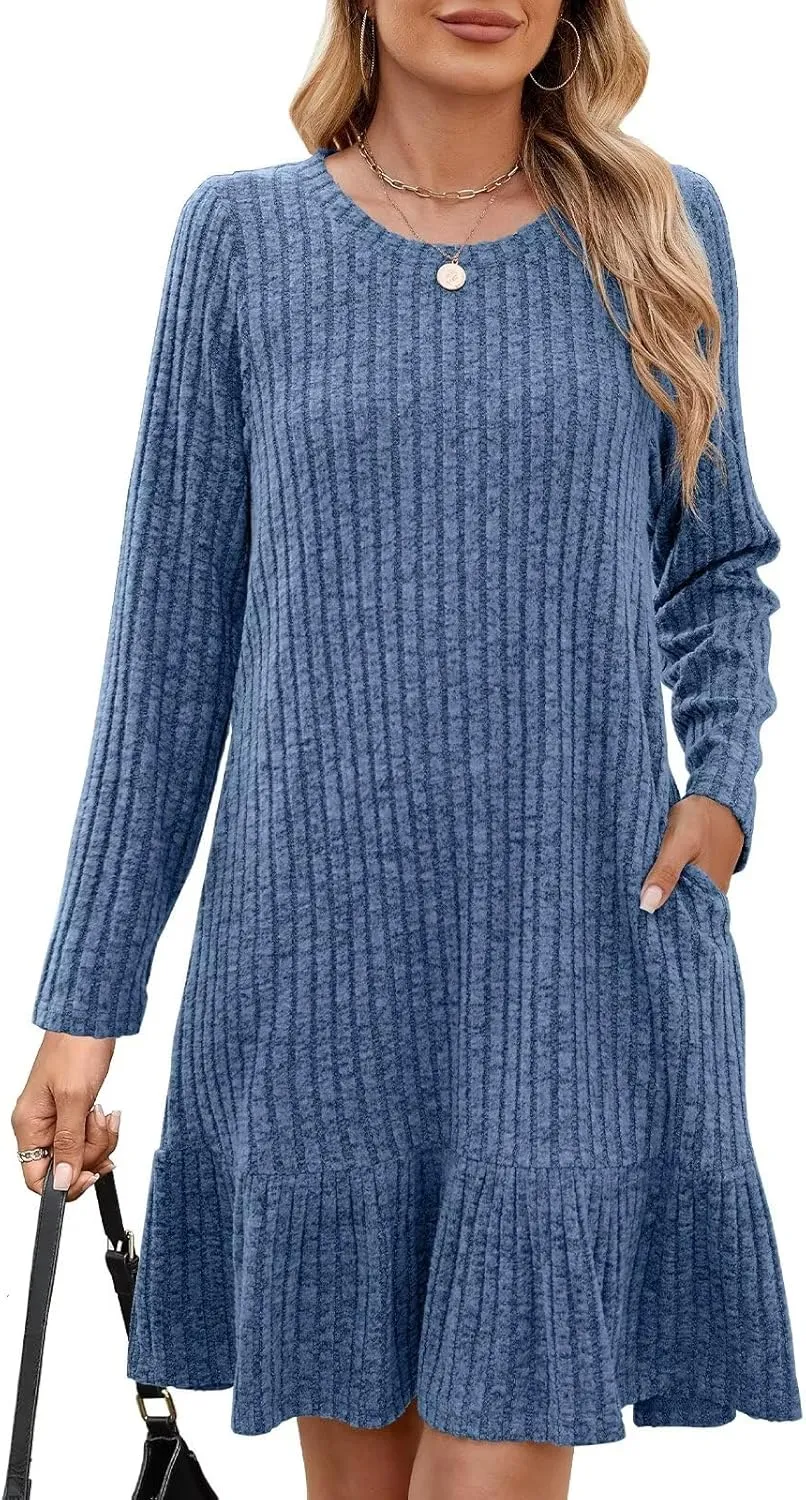 BELAROI Plus Size Sweater Dress Crew Neck Long Sleeve Casual Fall Winter Loose Tunic Dress Pockets Ruffle Hem