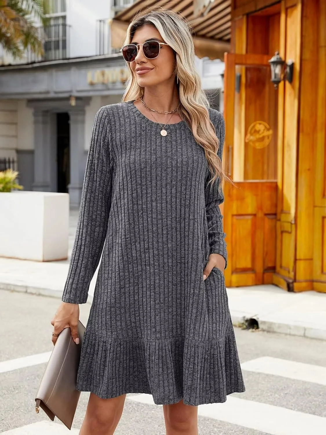 BELAROI Plus Size Sweater Dress Crew Neck Long Sleeve Casual Fall Winter Loose Tunic Dress Pockets Ruffle Hem