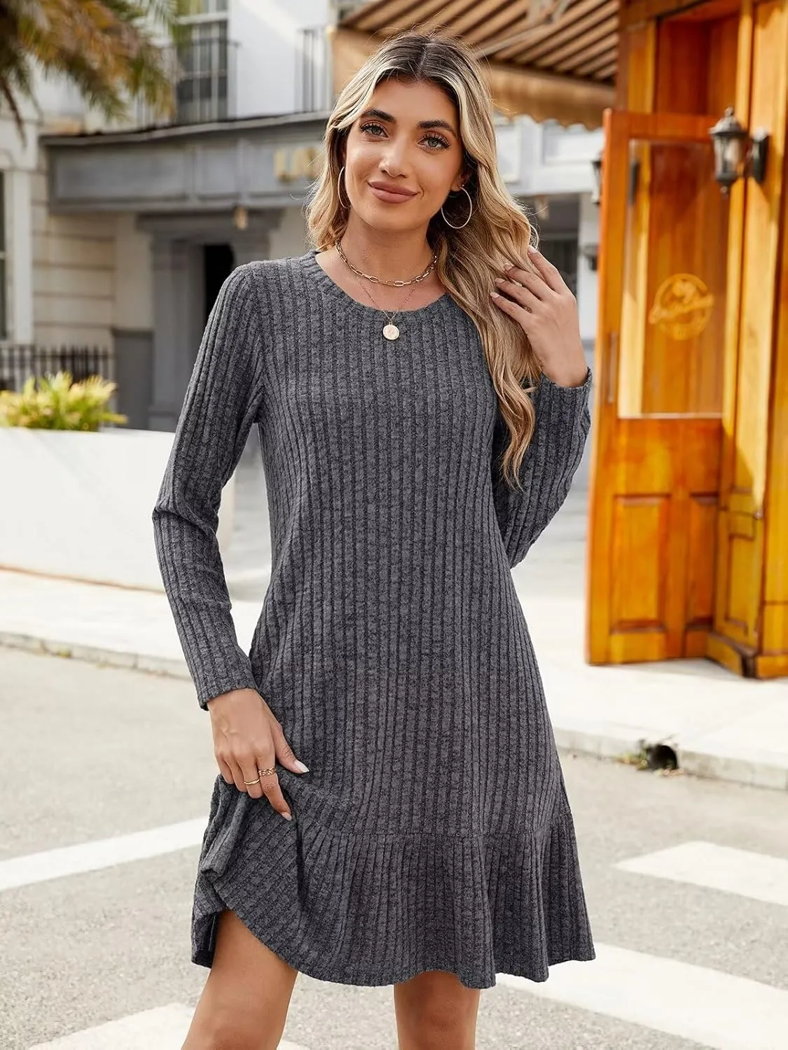 BELAROI Plus Size Sweater Dress Crew Neck Long Sleeve Casual Fall Winter Loose Tunic Dress Pockets Ruffle Hem
