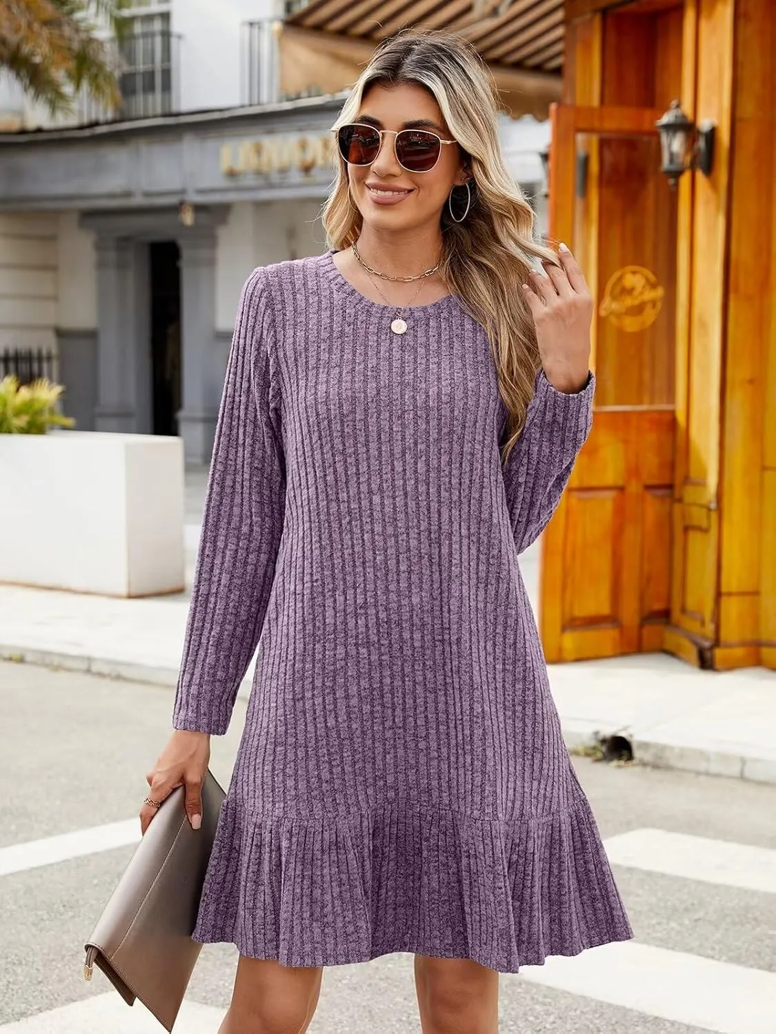 BELAROI Plus Size Sweater Dress Crew Neck Long Sleeve Casual Fall Winter Loose Tunic Dress Pockets Ruffle Hem