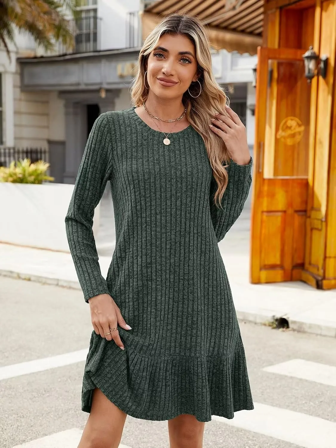 BELAROI Plus Size Sweater Dress Crew Neck Long Sleeve Casual Fall Winter Loose Tunic Dress Pockets Ruffle Hem