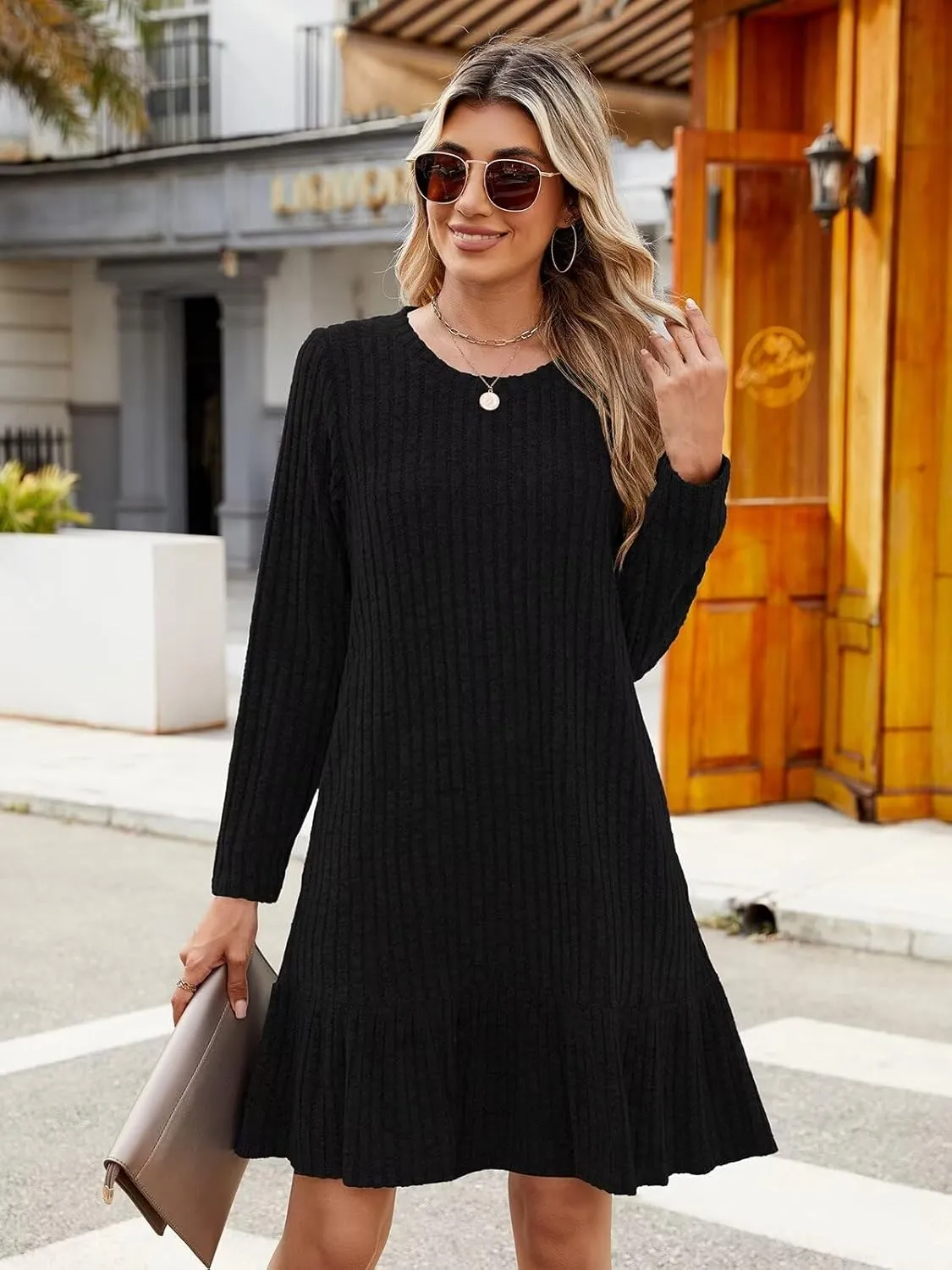 BELAROI Plus Size Sweater Dress Crew Neck Long Sleeve Casual Fall Winter Loose Tunic Dress Pockets Ruffle Hem