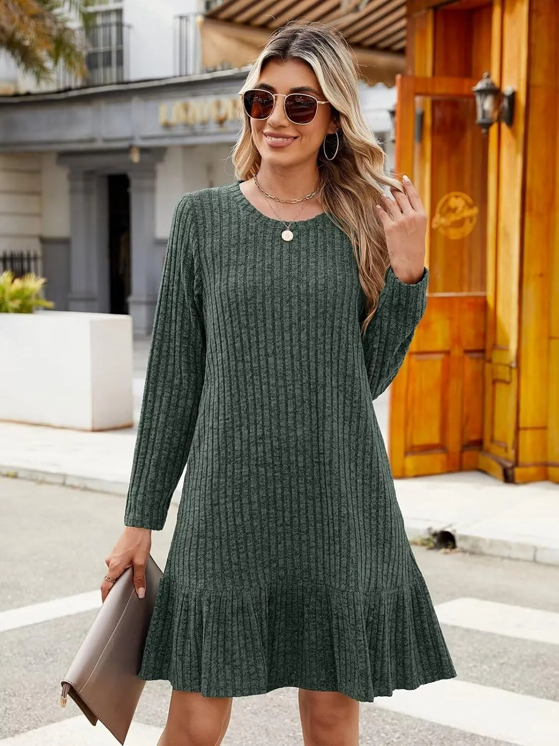 BELAROI Plus Size Sweater Dress Crew Neck Long Sleeve Casual Fall Winter Loose Tunic Dress Pockets Ruffle Hem