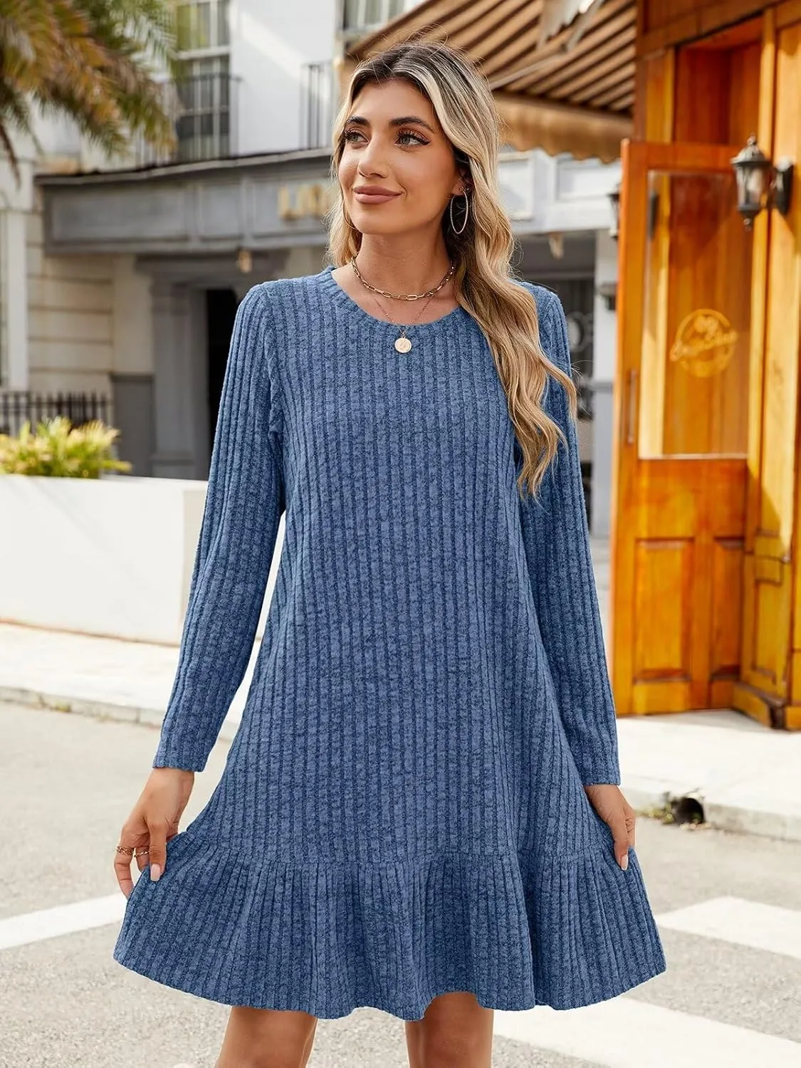 BELAROI Plus Size Sweater Dress Crew Neck Long Sleeve Casual Fall Winter Loose Tunic Dress Pockets Ruffle Hem