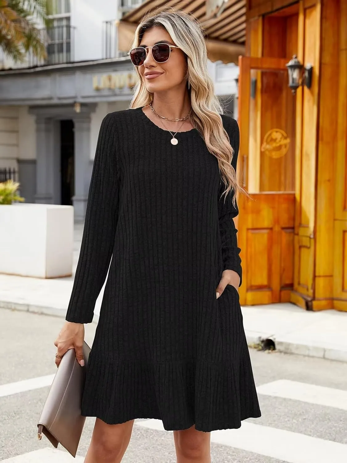 BELAROI Plus Size Sweater Dress Crew Neck Long Sleeve Casual Fall Winter Loose Tunic Dress Pockets Ruffle Hem