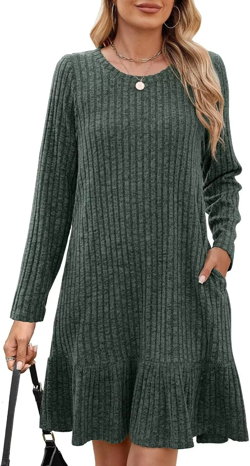 BELAROI Plus Size Sweater Dress Crew Neck Long Sleeve Casual Fall Winter Loose Tunic Dress Pockets Ruffle Hem