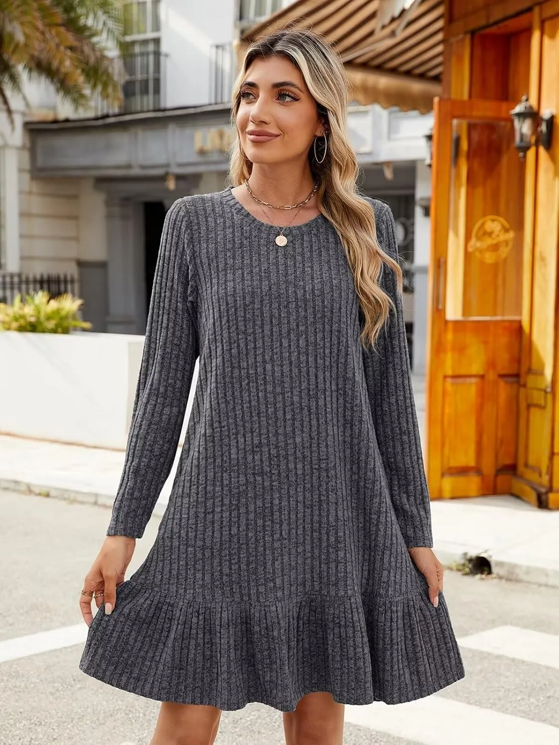 BELAROI Plus Size Sweater Dress Crew Neck Long Sleeve Casual Fall Winter Loose Tunic Dress Pockets Ruffle Hem