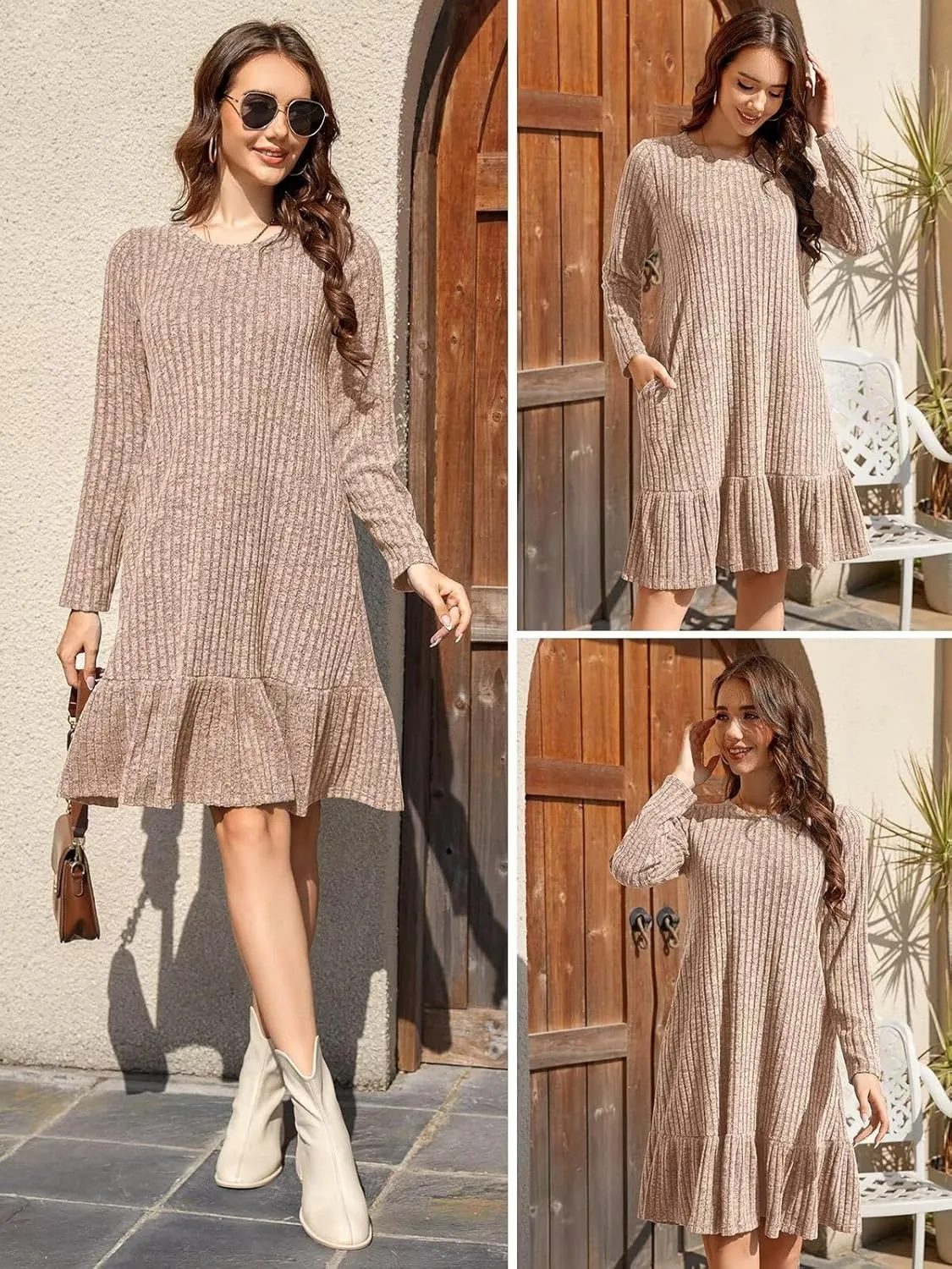 BELAROI Plus Size Sweater Dress Crew Neck Long Sleeve Casual Fall Winter Loose Tunic Dress Pockets Ruffle Hem