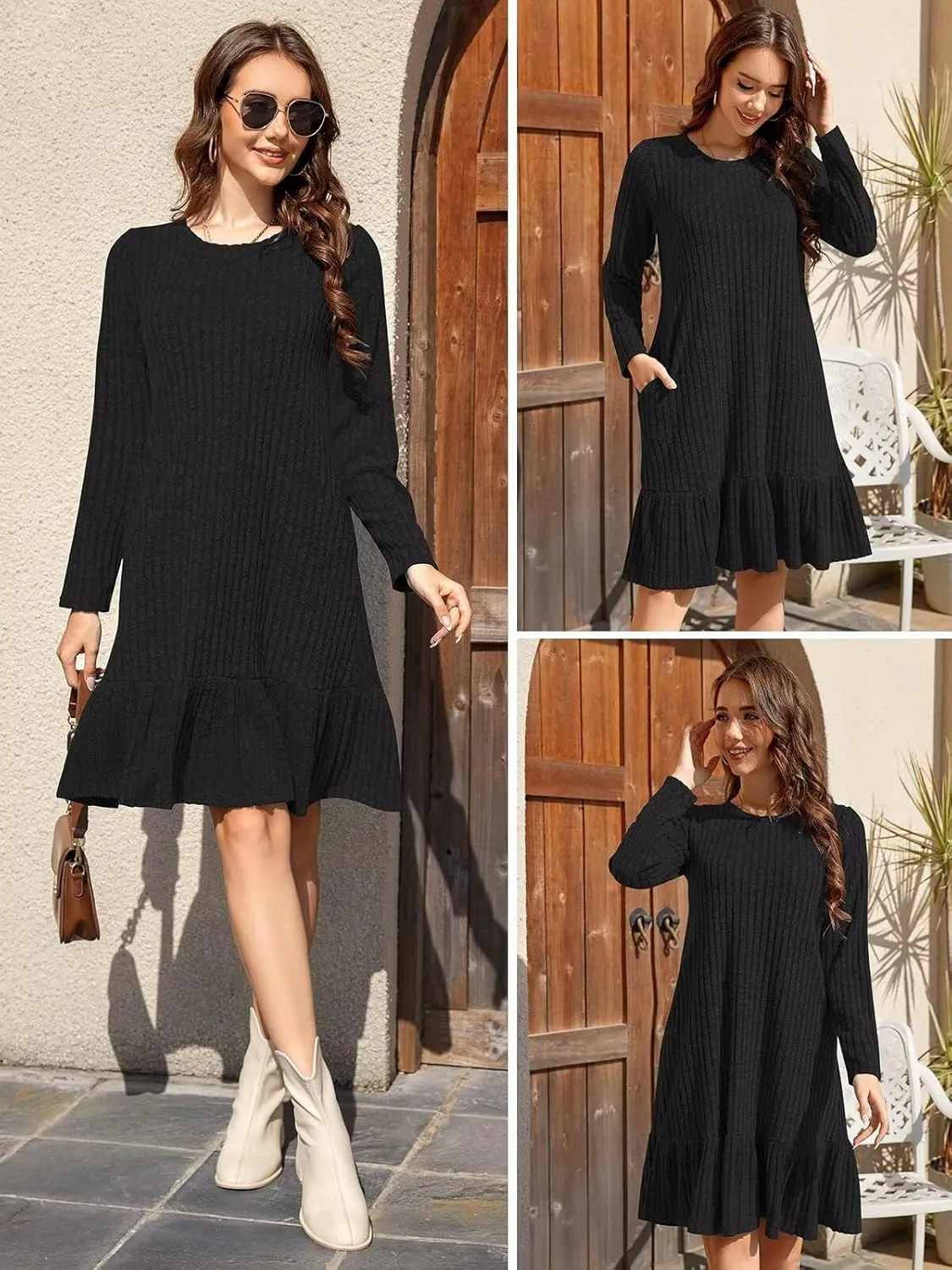 BELAROI Plus Size Sweater Dress Crew Neck Long Sleeve Casual Fall Winter Loose Tunic Dress Pockets Ruffle Hem