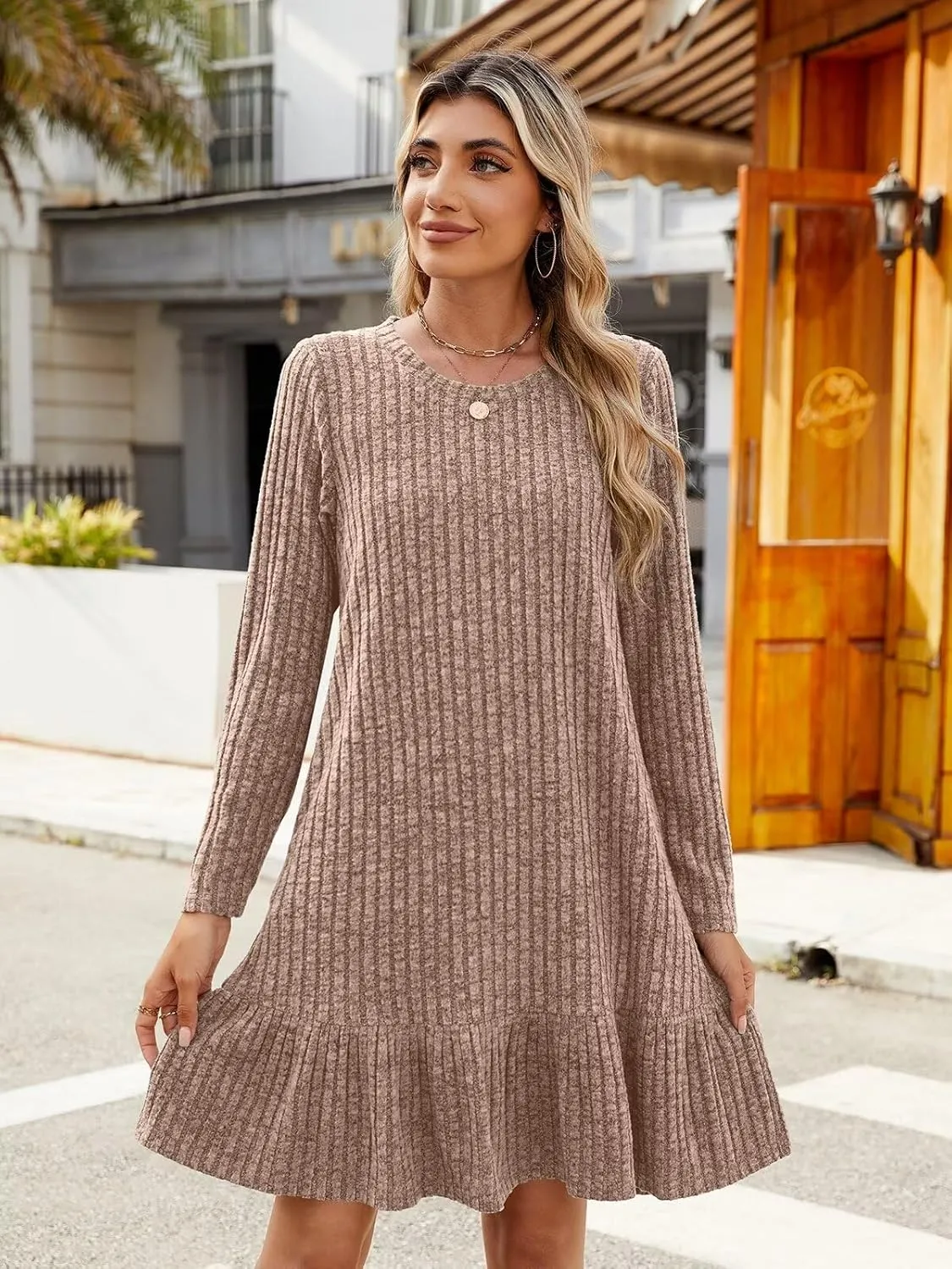 BELAROI Plus Size Sweater Dress Crew Neck Long Sleeve Casual Fall Winter Loose Tunic Dress Pockets Ruffle Hem