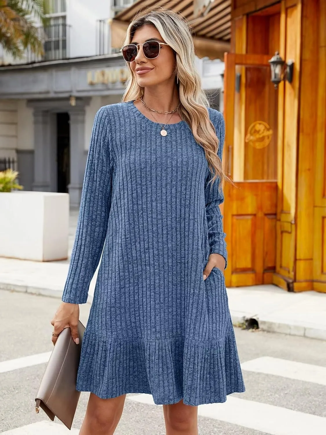 BELAROI Plus Size Sweater Dress Crew Neck Long Sleeve Casual Fall Winter Loose Tunic Dress Pockets Ruffle Hem