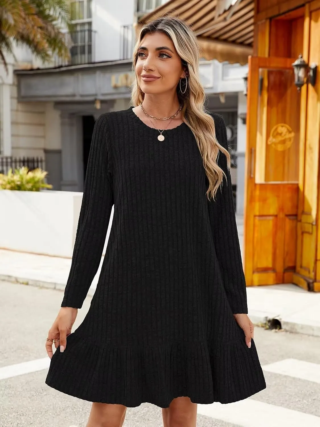 BELAROI Plus Size Sweater Dress Crew Neck Long Sleeve Casual Fall Winter Loose Tunic Dress Pockets Ruffle Hem