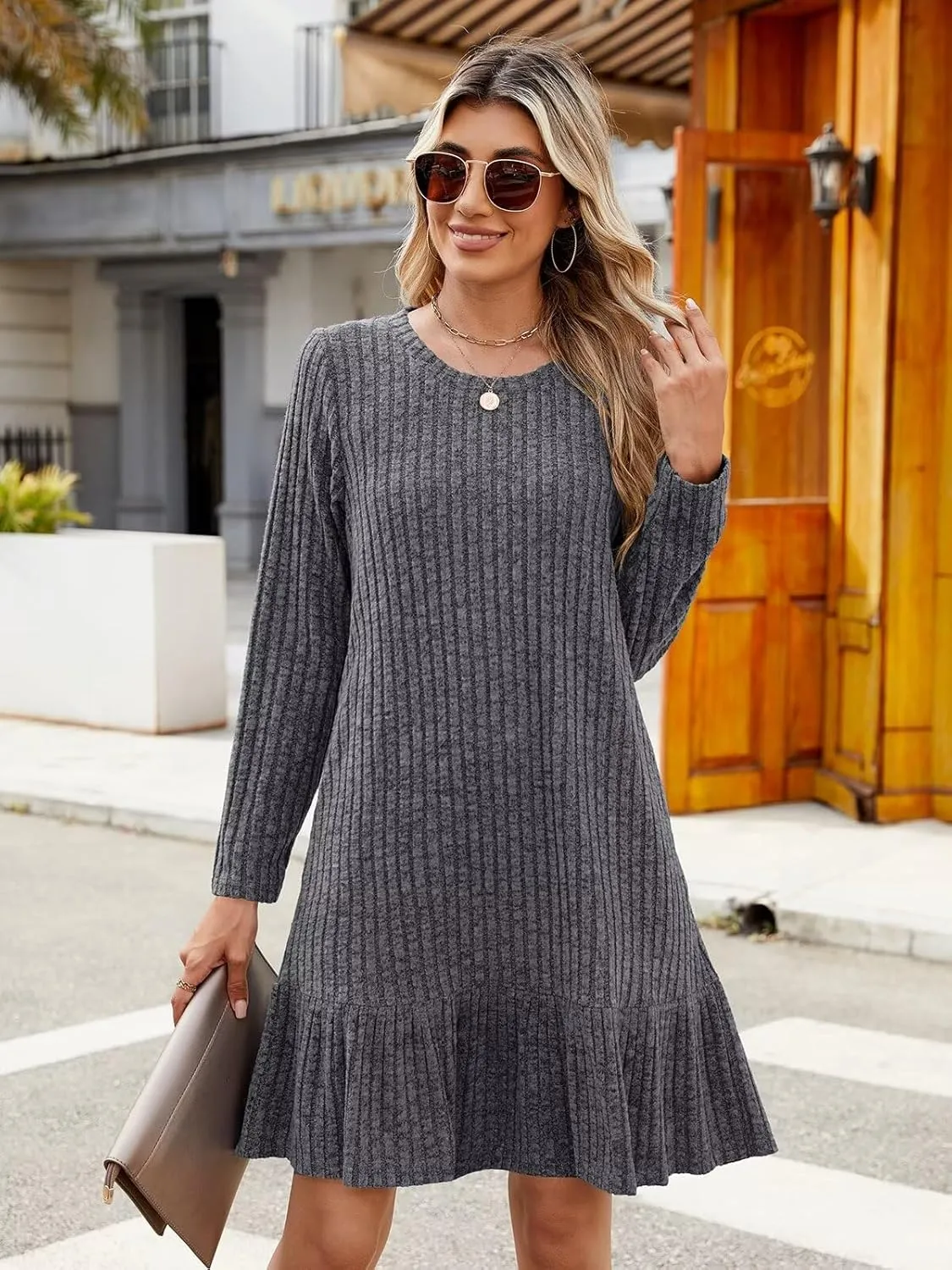 BELAROI Plus Size Sweater Dress Crew Neck Long Sleeve Casual Fall Winter Loose Tunic Dress Pockets Ruffle Hem