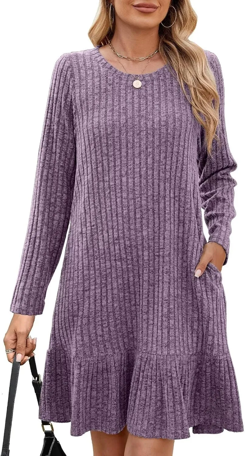 BELAROI Plus Size Sweater Dress Crew Neck Long Sleeve Casual Fall Winter Loose Tunic Dress Pockets Ruffle Hem