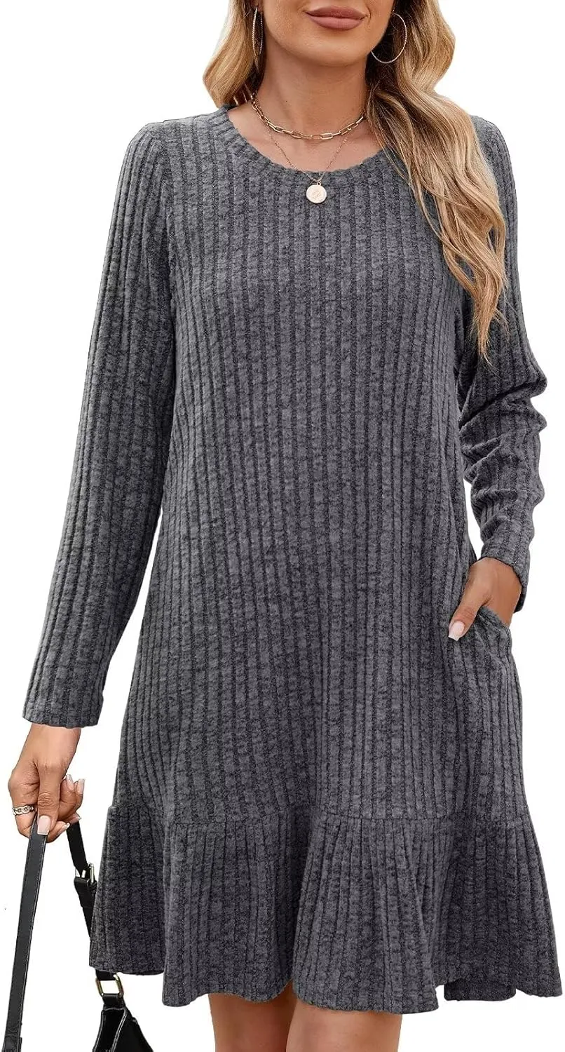 BELAROI Plus Size Sweater Dress Crew Neck Long Sleeve Casual Fall Winter Loose Tunic Dress Pockets Ruffle Hem
