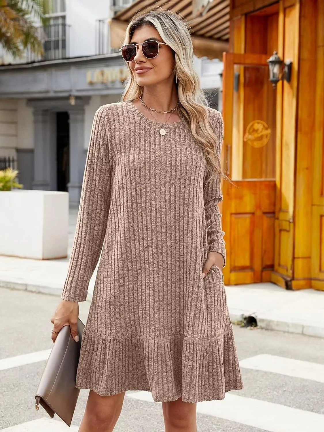 BELAROI Plus Size Sweater Dress Crew Neck Long Sleeve Casual Fall Winter Loose Tunic Dress Pockets Ruffle Hem