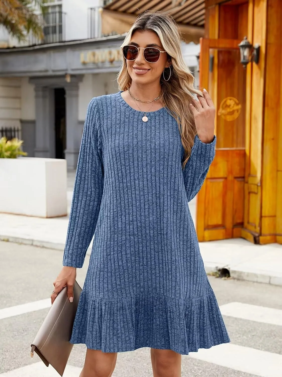 BELAROI Plus Size Sweater Dress Crew Neck Long Sleeve Casual Fall Winter Loose Tunic Dress Pockets Ruffle Hem