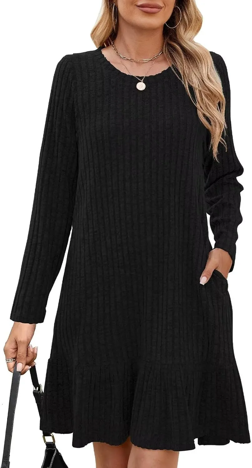 BELAROI Plus Size Sweater Dress Crew Neck Long Sleeve Casual Fall Winter Loose Tunic Dress Pockets Ruffle Hem