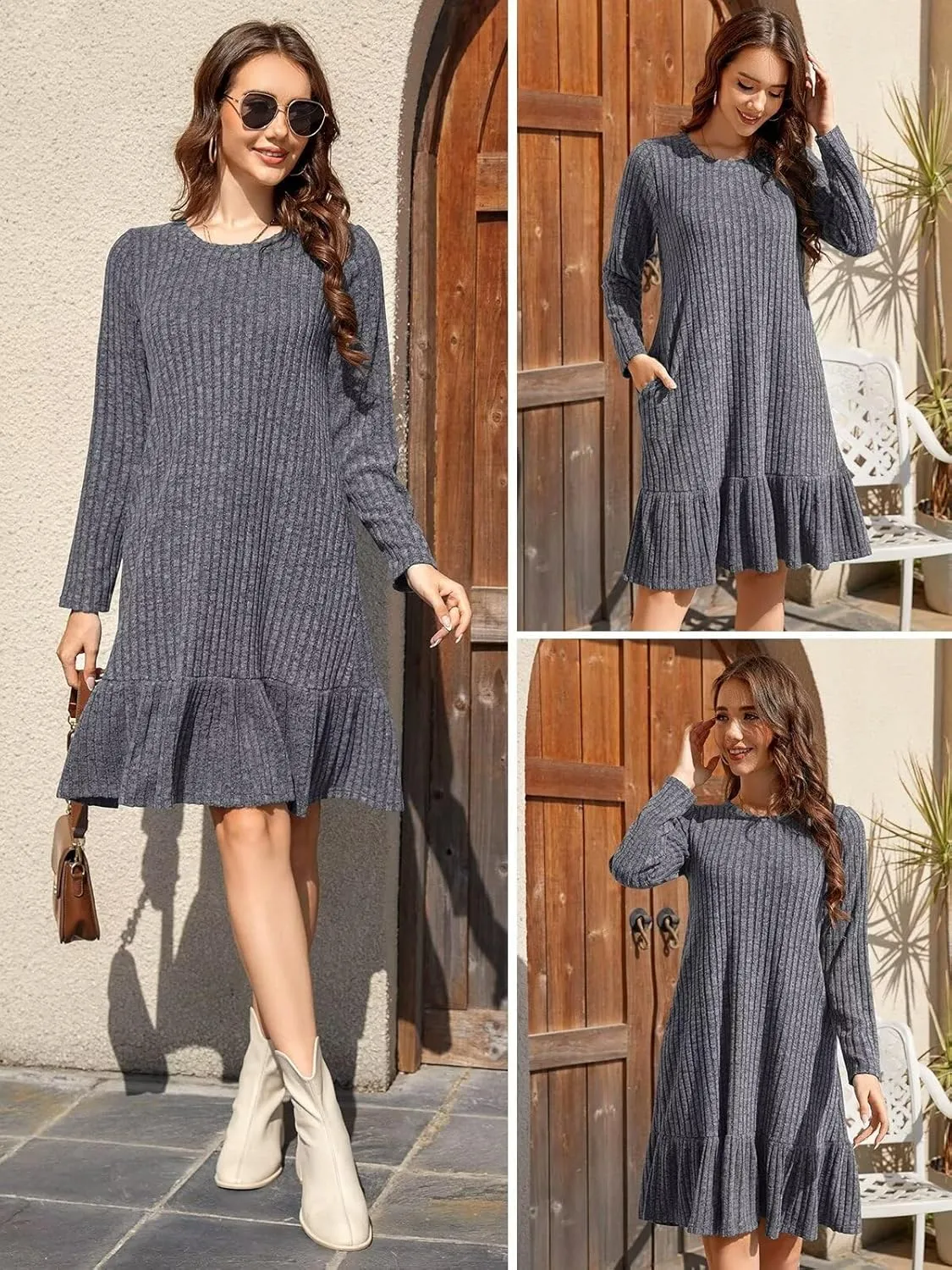 BELAROI Plus Size Sweater Dress Crew Neck Long Sleeve Casual Fall Winter Loose Tunic Dress Pockets Ruffle Hem