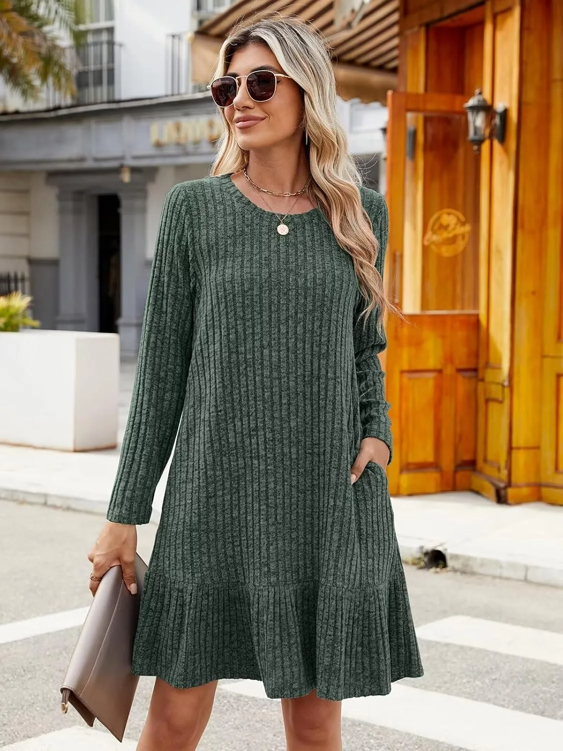 BELAROI Plus Size Sweater Dress Crew Neck Long Sleeve Casual Fall Winter Loose Tunic Dress Pockets Ruffle Hem