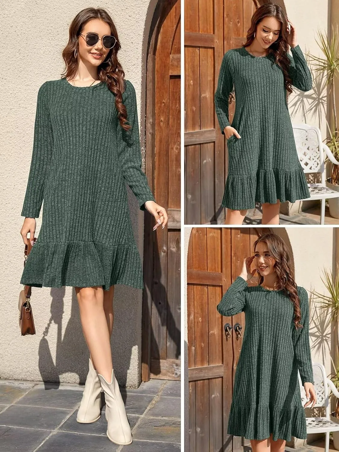 BELAROI Plus Size Sweater Dress Crew Neck Long Sleeve Casual Fall Winter Loose Tunic Dress Pockets Ruffle Hem