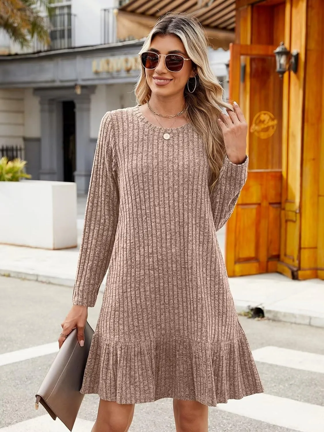 BELAROI Plus Size Sweater Dress Crew Neck Long Sleeve Casual Fall Winter Loose Tunic Dress Pockets Ruffle Hem