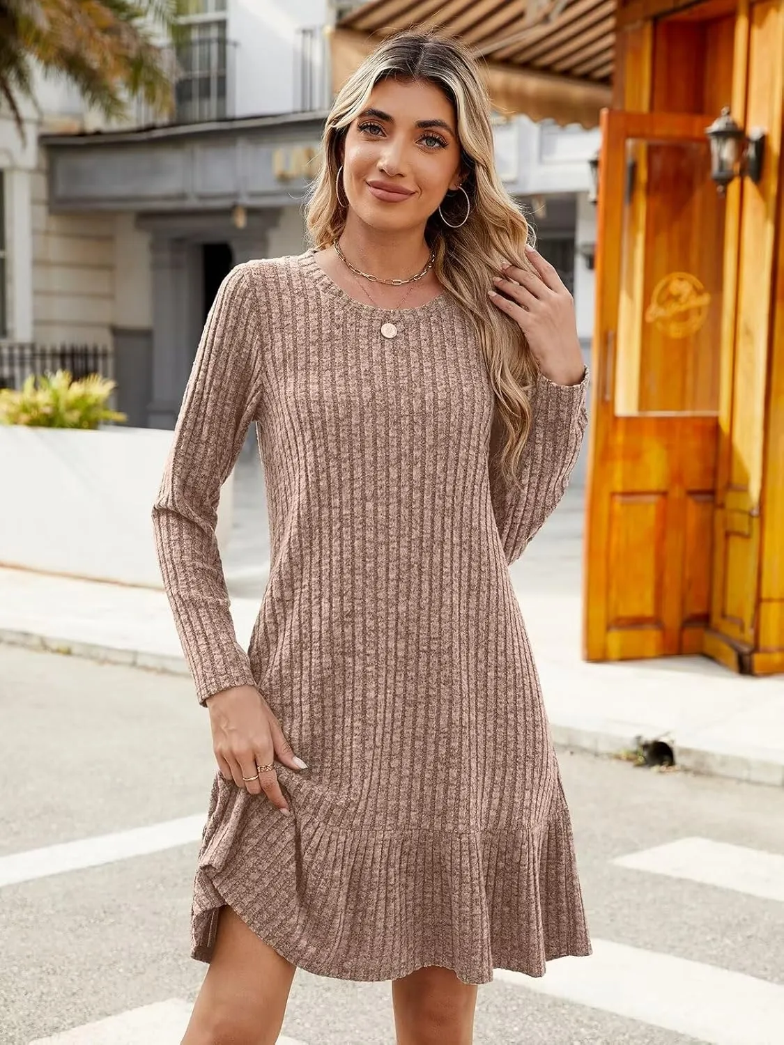 BELAROI Plus Size Sweater Dress Crew Neck Long Sleeve Casual Fall Winter Loose Tunic Dress Pockets Ruffle Hem