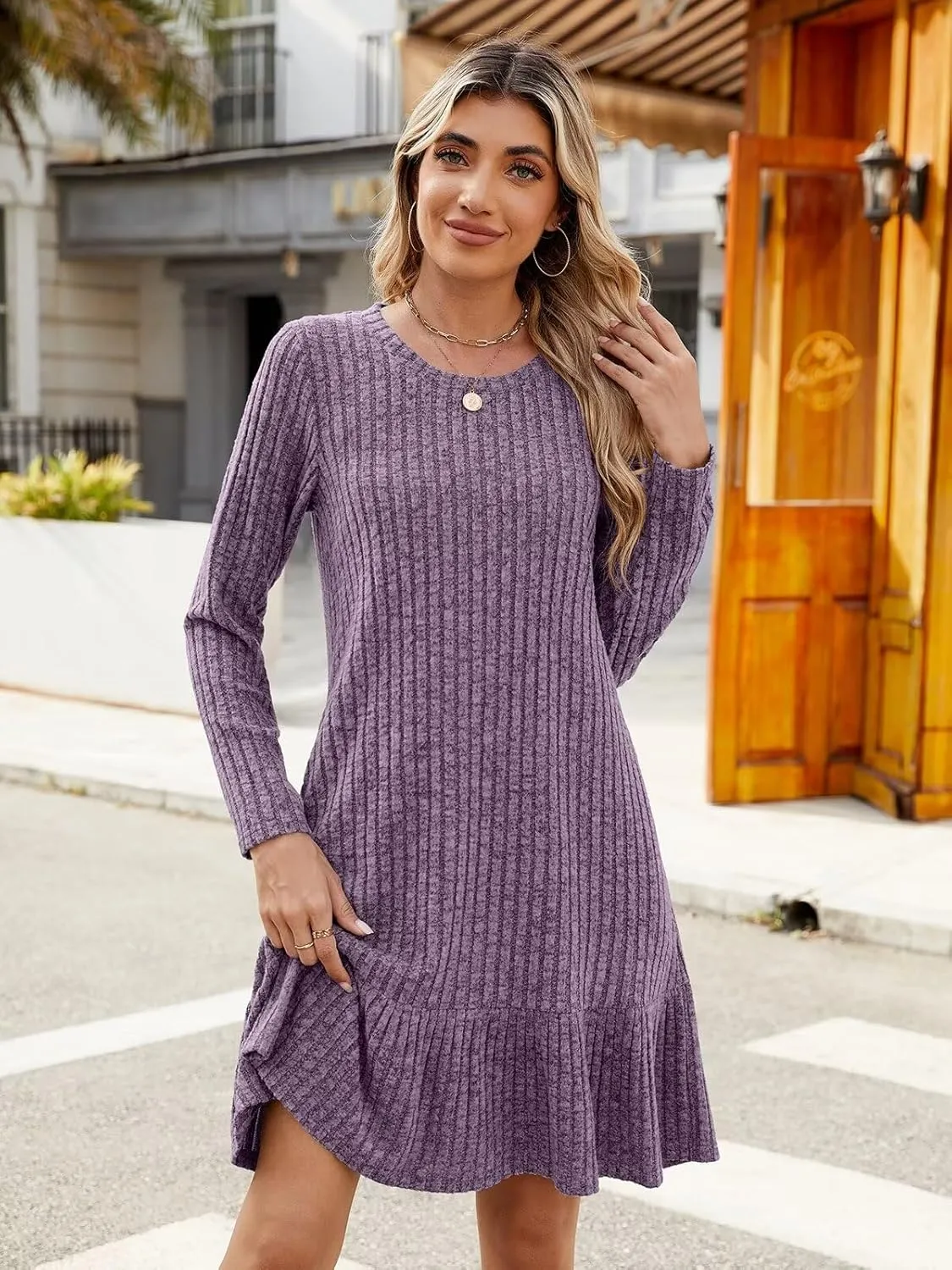 BELAROI Plus Size Sweater Dress Crew Neck Long Sleeve Casual Fall Winter Loose Tunic Dress Pockets Ruffle Hem