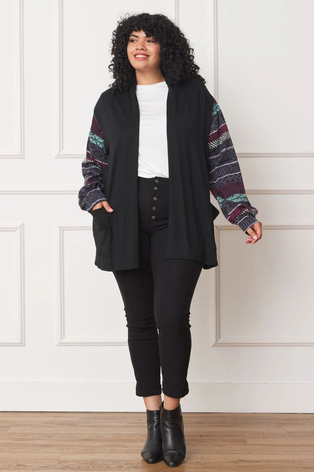 Black Nordic Sleeve Drop Shoulder Open Cardigan_Plus