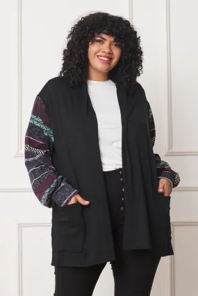 Black Nordic Sleeve Drop Shoulder Open Cardigan_Plus