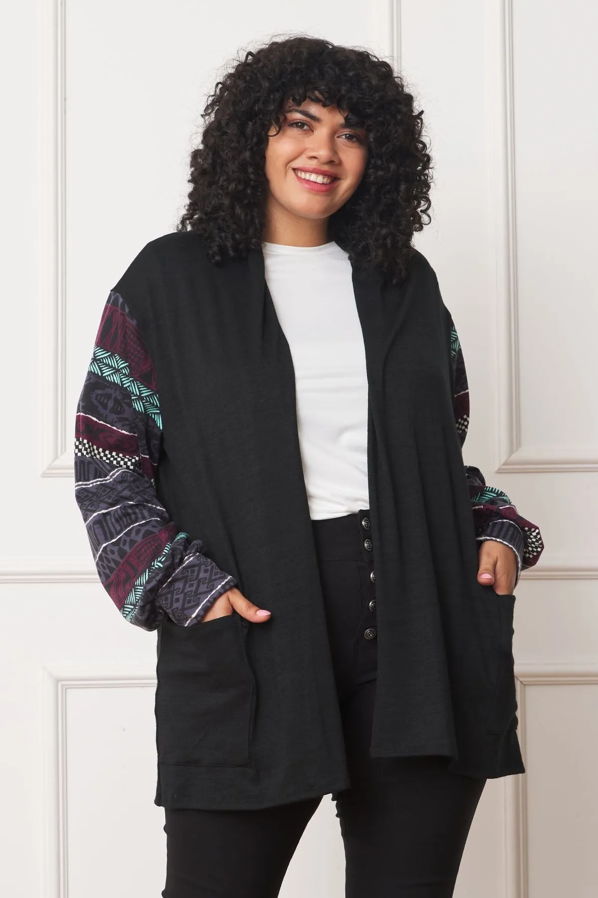 Black Nordic Sleeve Drop Shoulder Open Cardigan_Plus
