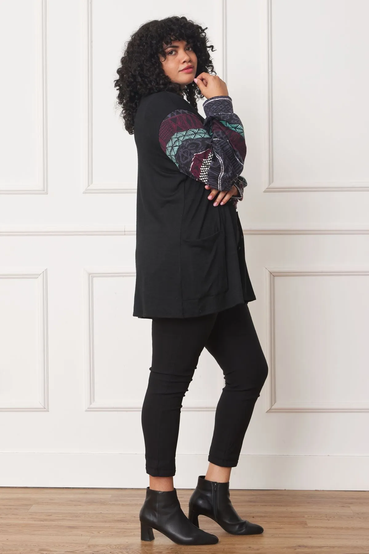 Black Nordic Sleeve Drop Shoulder Open Cardigan_Plus