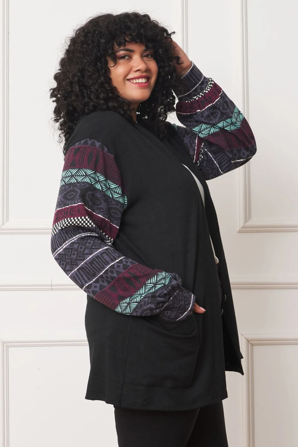 Black Nordic Sleeve Drop Shoulder Open Cardigan_Plus