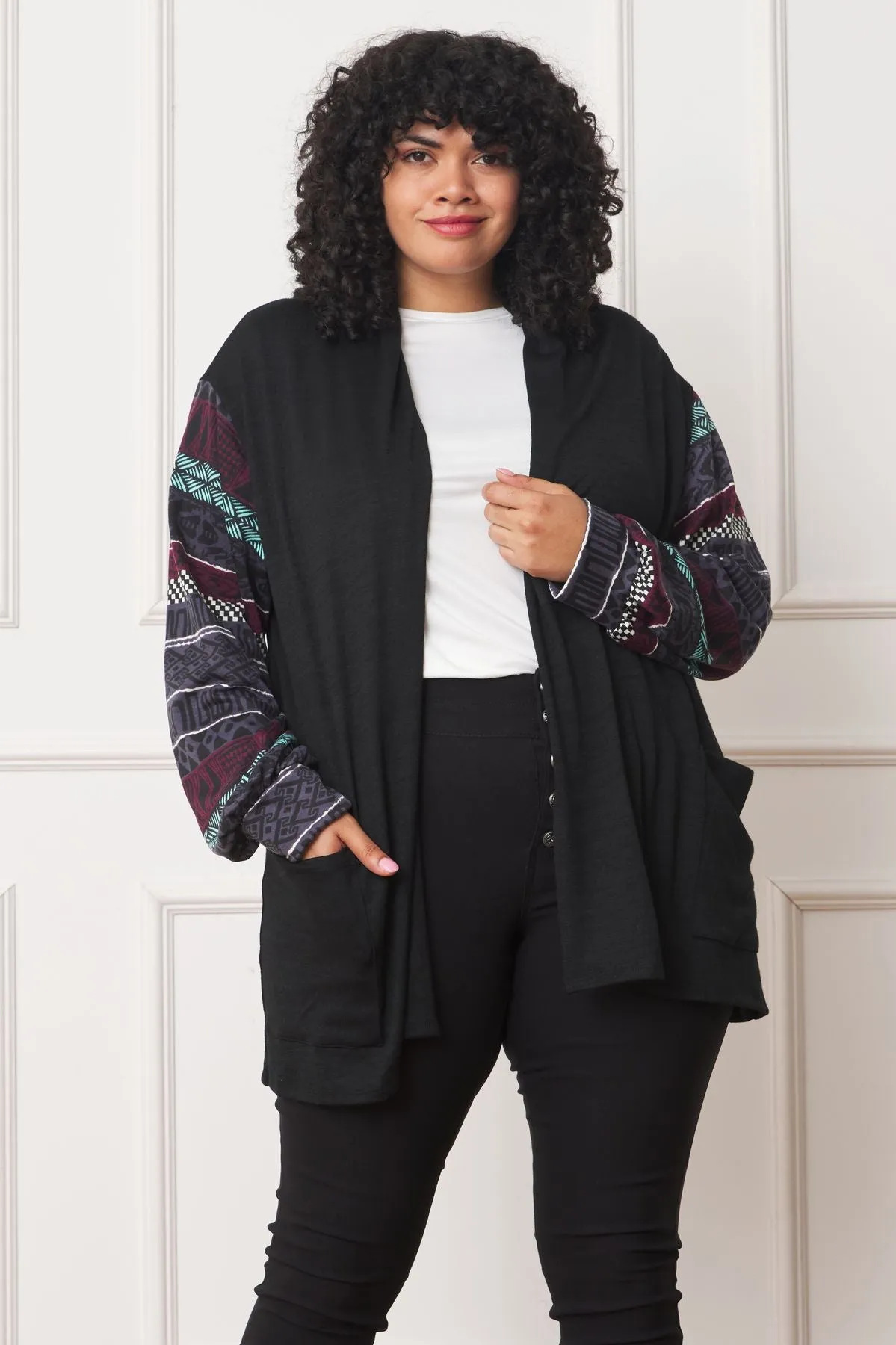 Black Nordic Sleeve Drop Shoulder Open Cardigan_Plus