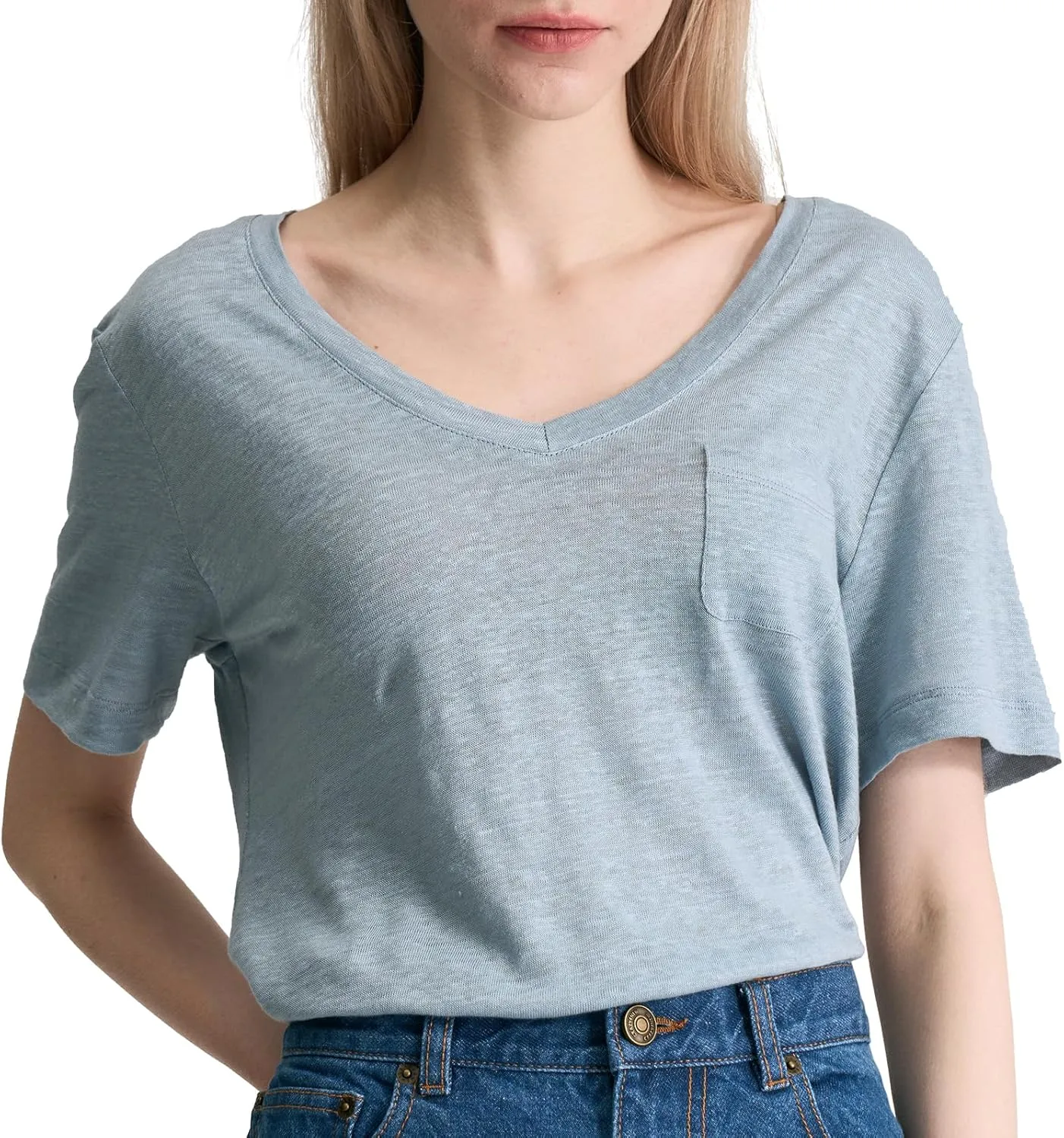 C4N Women's Basic Short Sleeve Summer Tops Shirt Linen Deep V-Neck T-Shirt Casual Top