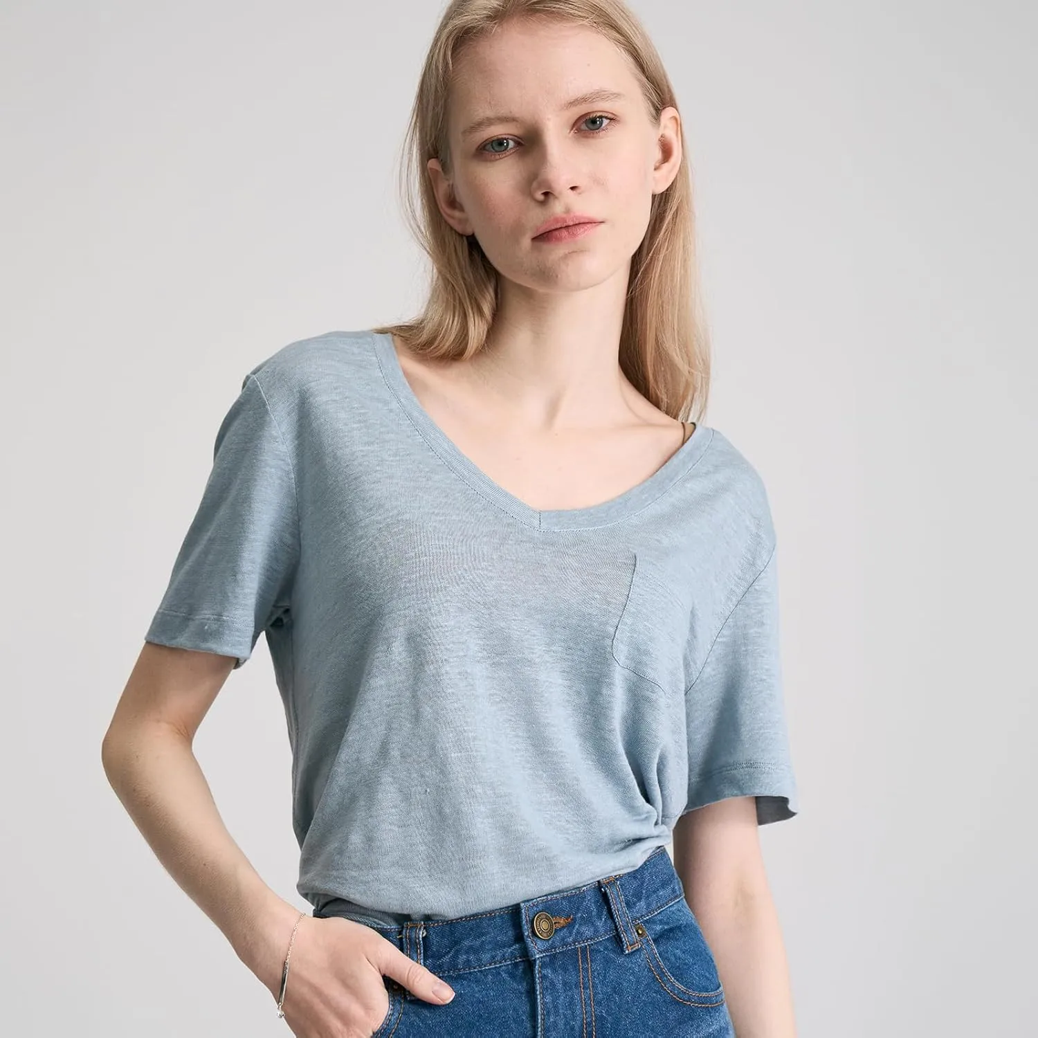 C4N Women's Basic Short Sleeve Summer Tops Shirt Linen Deep V-Neck T-Shirt Casual Top