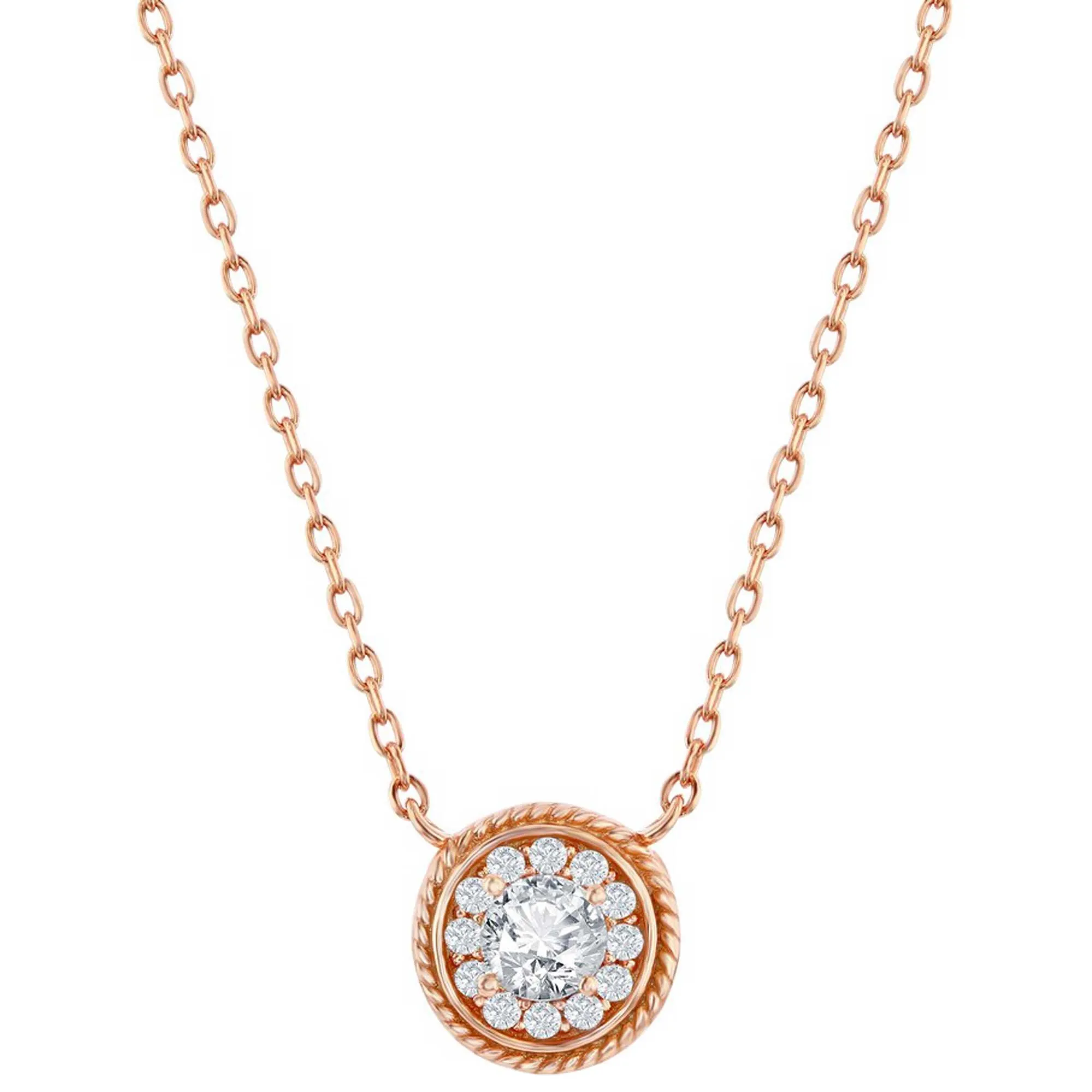 Classic Women's Necklace - Rose Gold Plated Round CZ Rope Design Border | M-7086-RG