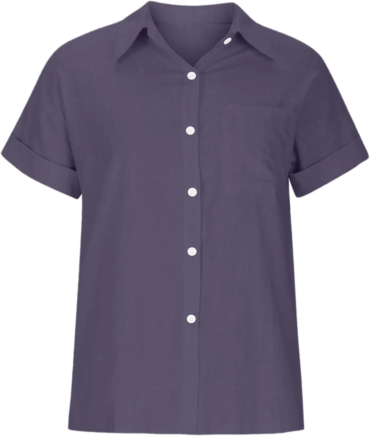 Cotton Linen Shirts for Women Summer Short Sleeve Casual Collared top Loose fit Solid V Neck Button Down T-Shirt tee