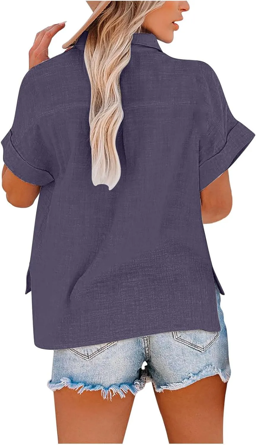 Cotton Linen Shirts for Women Summer Short Sleeve Casual Collared top Loose fit Solid V Neck Button Down T-Shirt tee
