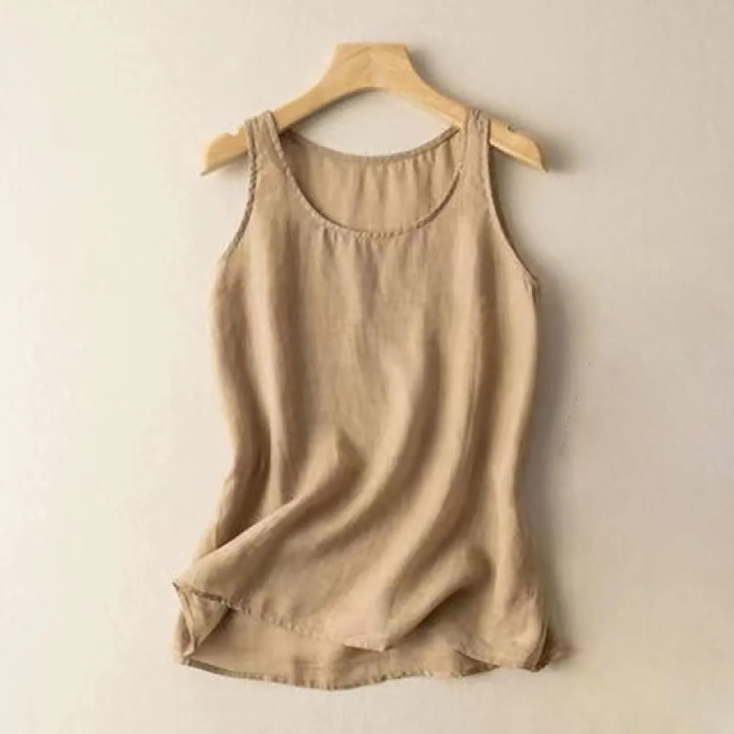 Cotton Linen Tank Tops for Womens Summer Sleeveless Crewneck Blouse Casual Solid Color Loose Basic Shirt Plus Size