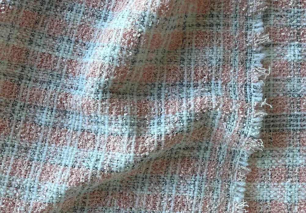Couture Sweetly Elegant Ballet Pink & White Plaid Cotton Blend Bouclé Suiting (Made in Italy)