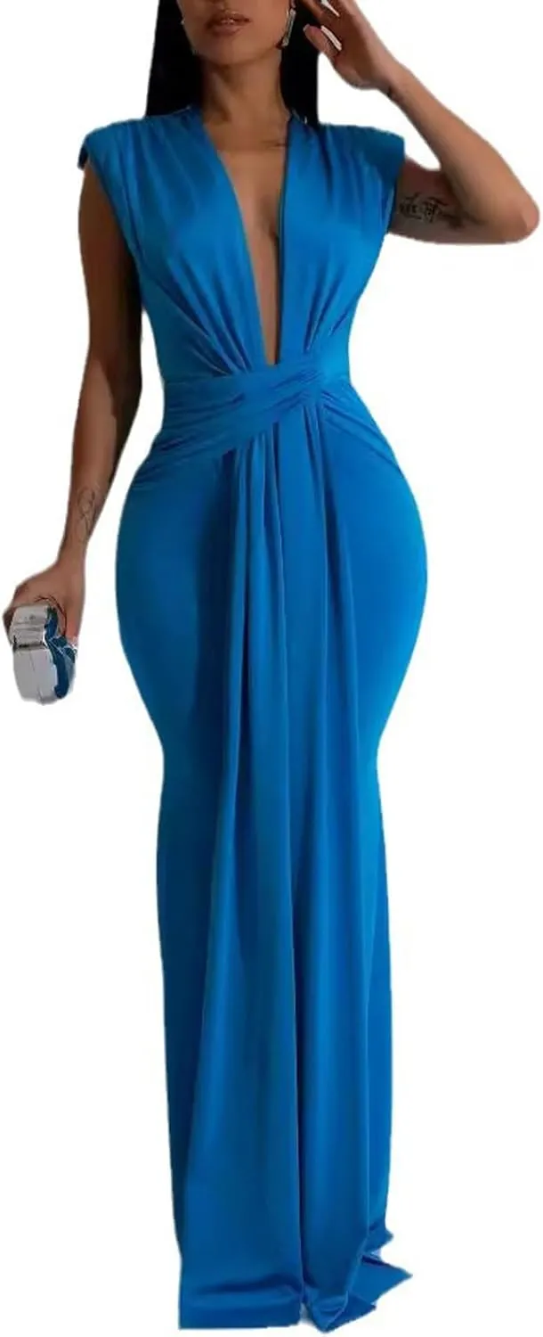 Ekaliy Elegant Bodycon Dresses for Women Deep V Neck Maxi Dress Mermaid Long Dress